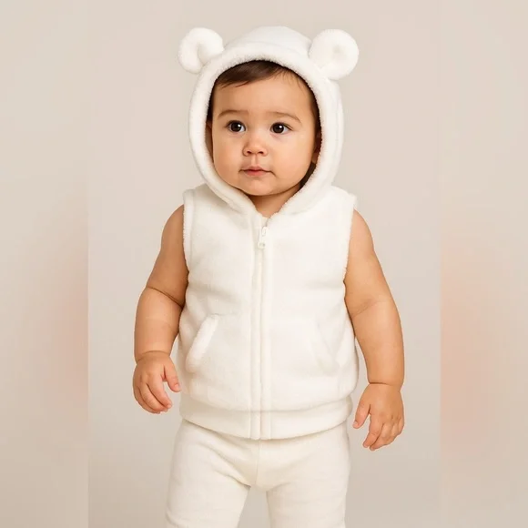 Carter's White Fluffy Hooded Baby Vest with Teddy Ears - Picture 1 of 4